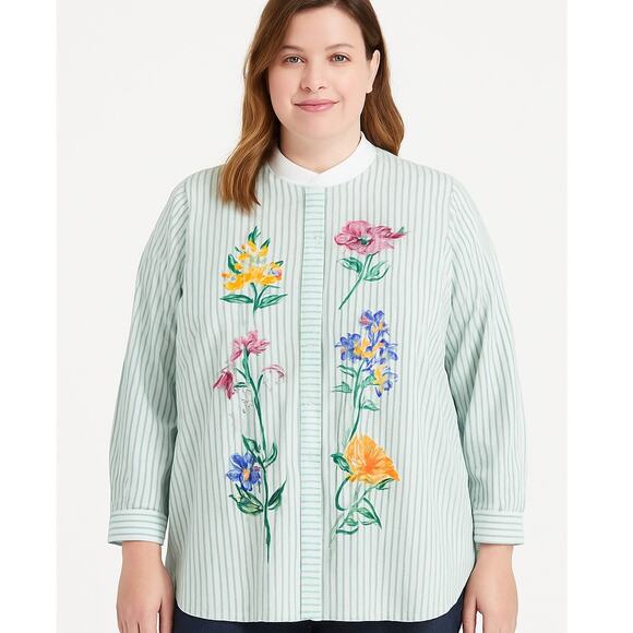 Bob Mackie Art Floral Embroidered Blouse Women’s Size 2X NWT Button Down Stripe - Picture 1 of 7